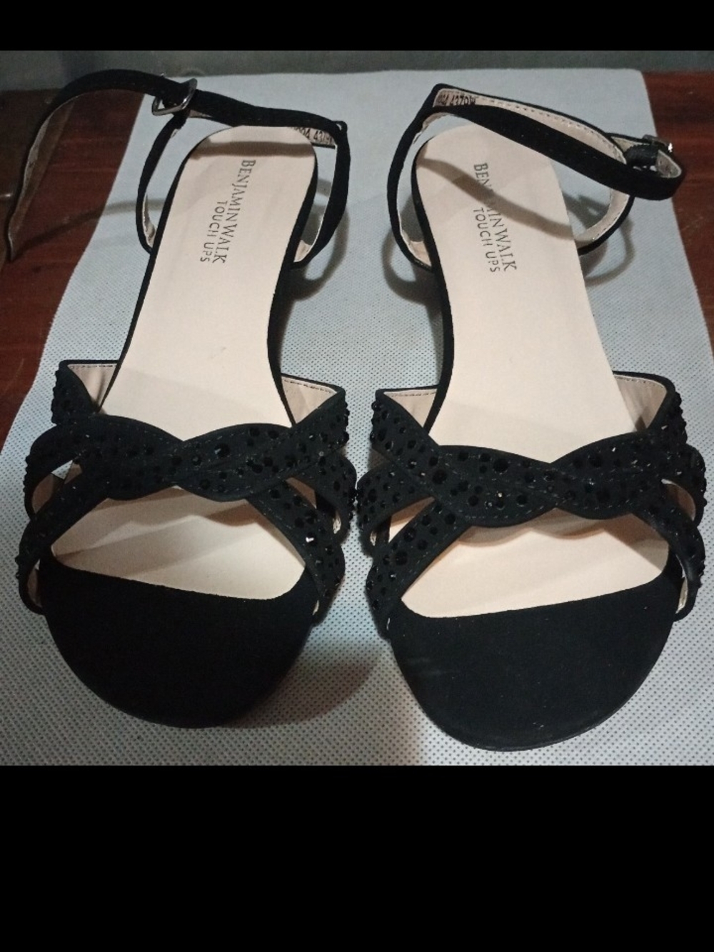 Benjamin Walk Black Strappy Crystal-Accent Ankle Strap Heels